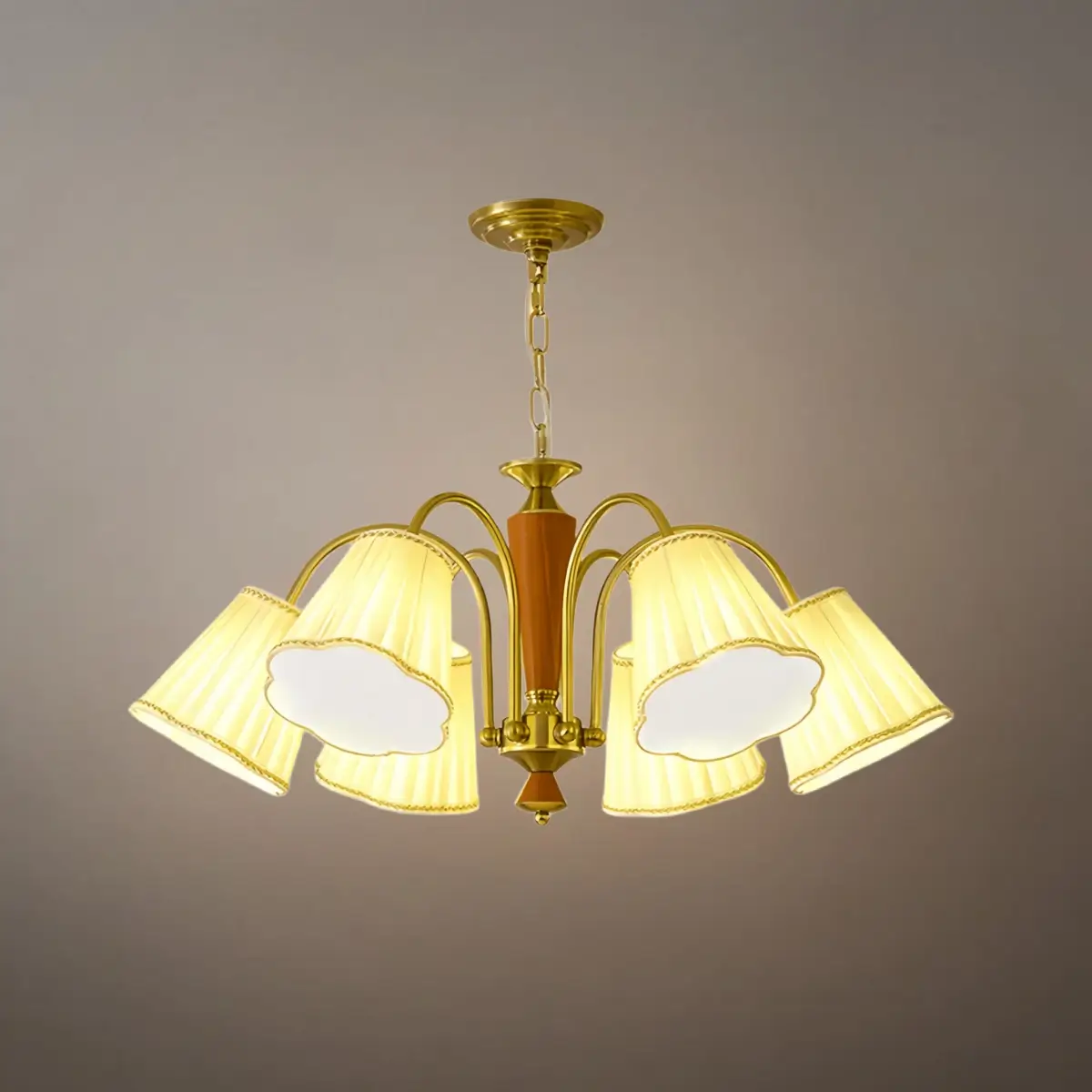 Modern Ceiling Lingt — Metal, Fabric & Walnut Wood with Gold & Walnut